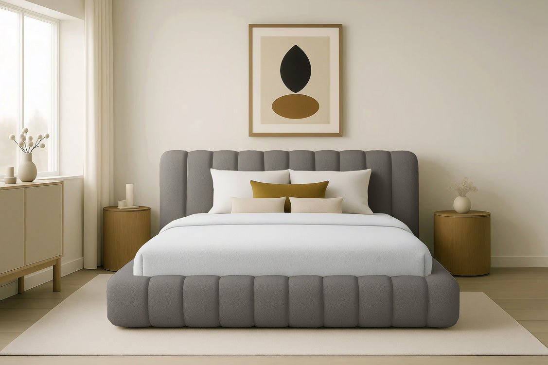 Luxuriöses Selene Bouclé Polsterbett mit Stauraum – Modernes, Elegantes Designer-Bett