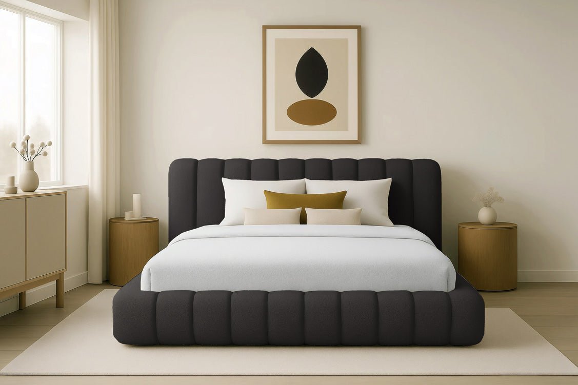 Luxuriöses Selene Bouclé Polsterbett mit Stauraum – Modernes, Elegantes Designer-Bett