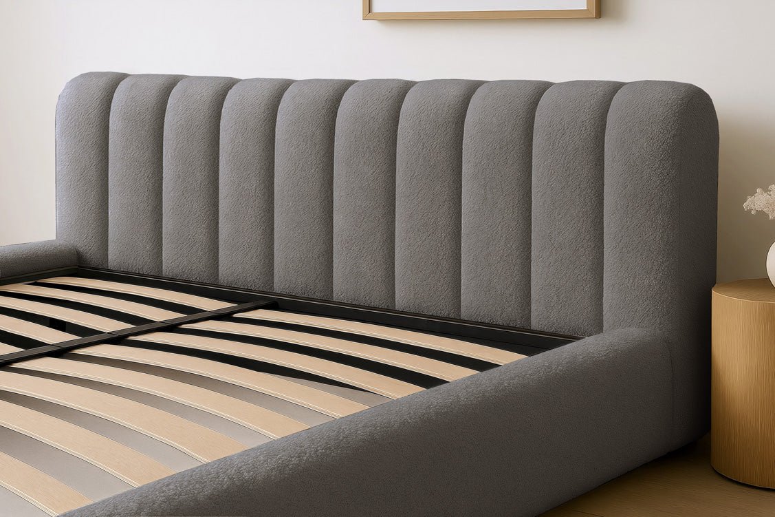 Luxuriöses Selene Bouclé Polsterbett mit Stauraum – Modernes, Elegantes Designer-Bett