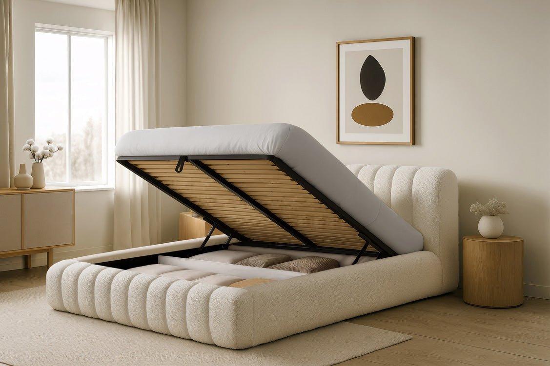 Luxuriöses Selene Bouclé Polsterbett mit Stauraum – Modernes, Elegantes Designer-Bett