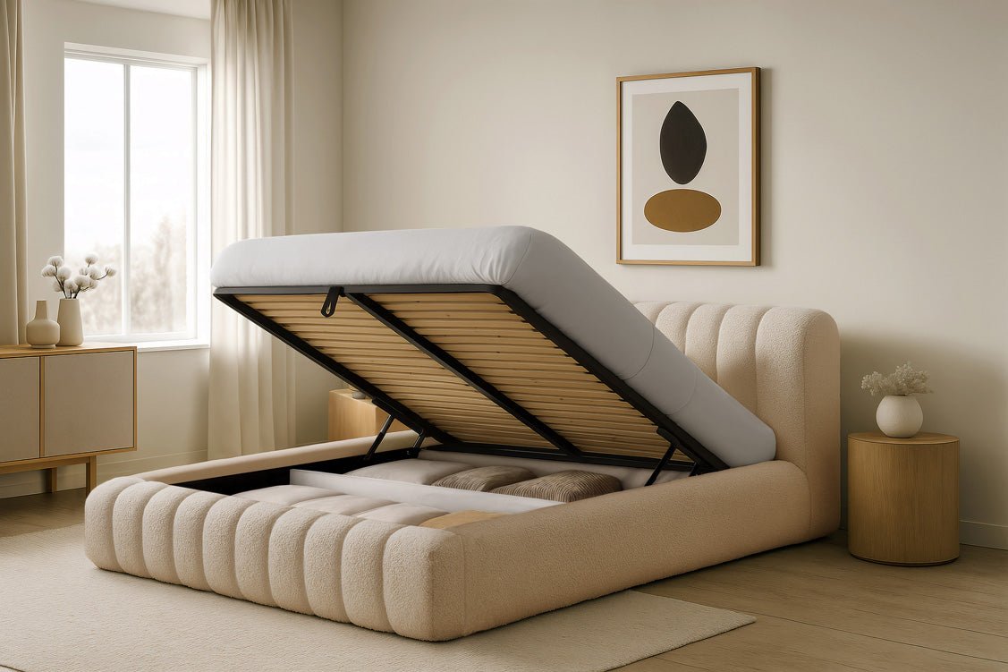 Luxuriöses Selene Bouclé Polsterbett mit Stauraum – Modernes, Elegantes Designer-Bett