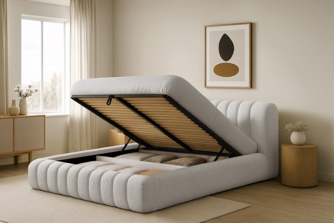 Luxuriöses Selene Bouclé Polsterbett mit Stauraum – Modernes, Elegantes Designer-Bett