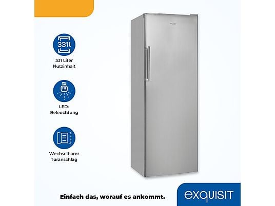 EXQUISIT KS350-V-H-040D Geräumiger Vollraumkühlschrank, Energieklasse D, Edelstahl-Optik, leise & effizient