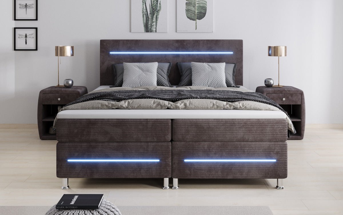 Luxuriöses Boxspringbett Sejour: Komfortable LED-Beleuchtung, Praktischer Stauraum, Stilvolles Cord