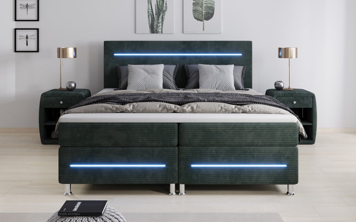 Luxuriöses Boxspringbett Sejour: Komfortable LED-Beleuchtung, Praktischer Stauraum, Stilvolles Cord