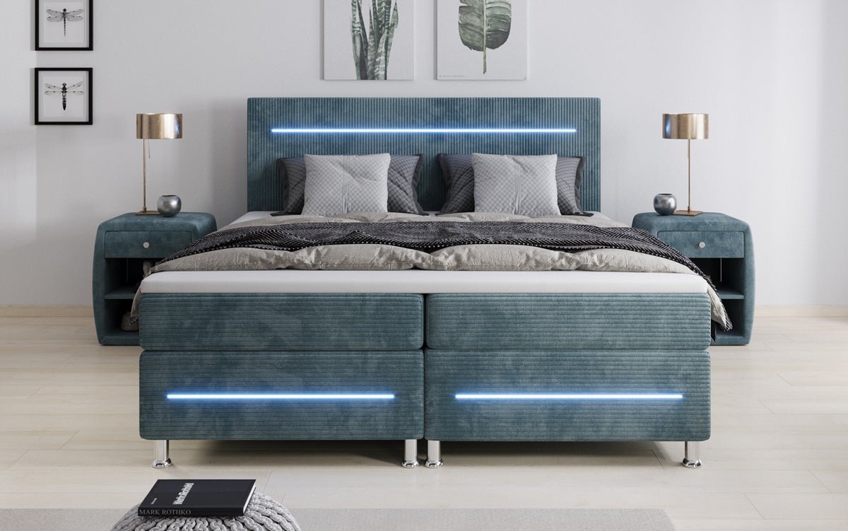Luxuriöses Boxspringbett Sejour: Komfortable LED-Beleuchtung, Praktischer Stauraum, Stilvolles Cord