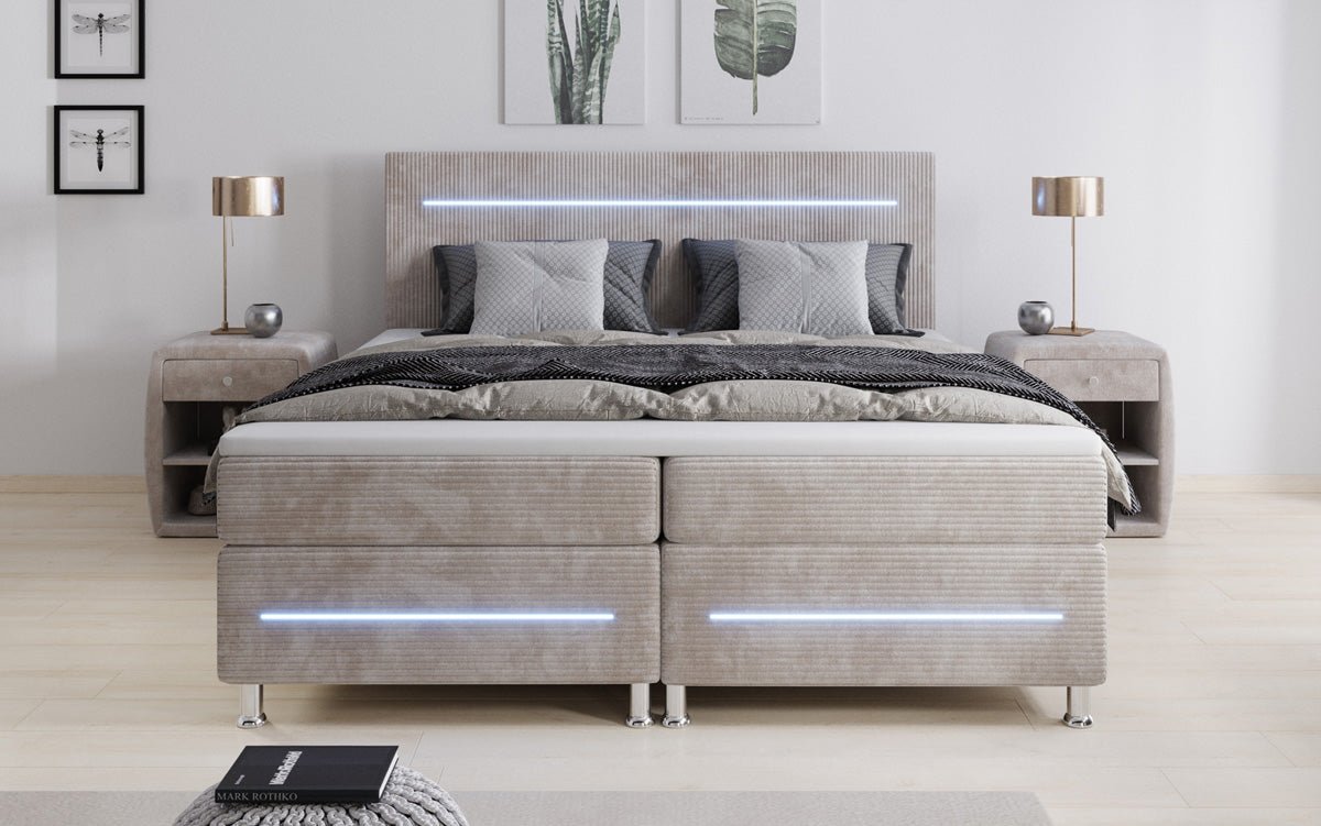 Luxuriöses Boxspringbett Sejour: Komfortable LED-Beleuchtung, Praktischer Stauraum, Stilvolles Cord
