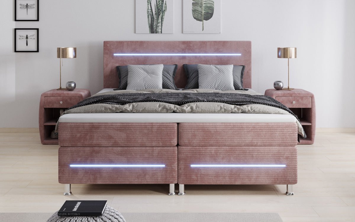 Luxuriöses Boxspringbett Sejour: Komfortable LED-Beleuchtung, Praktischer Stauraum, Stilvolles Cord