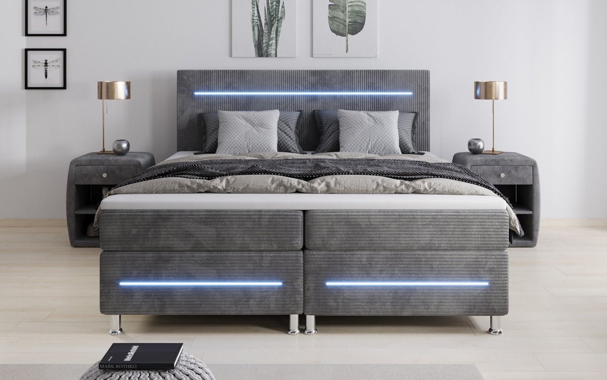 Luxuriöses Boxspringbett Sejour: Komfortable LED-Beleuchtung, Praktischer Stauraum, Stilvolles Cord