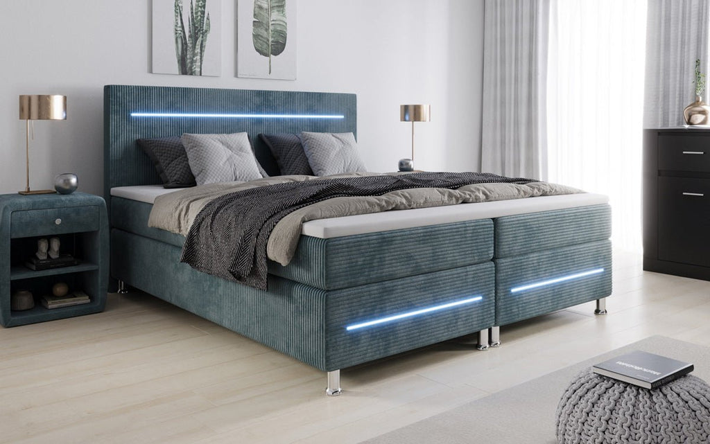 Luxuriöses Boxspringbett Sejour: Komfortable LED-Beleuchtung, Praktischer Stauraum, Stilvolles Cord