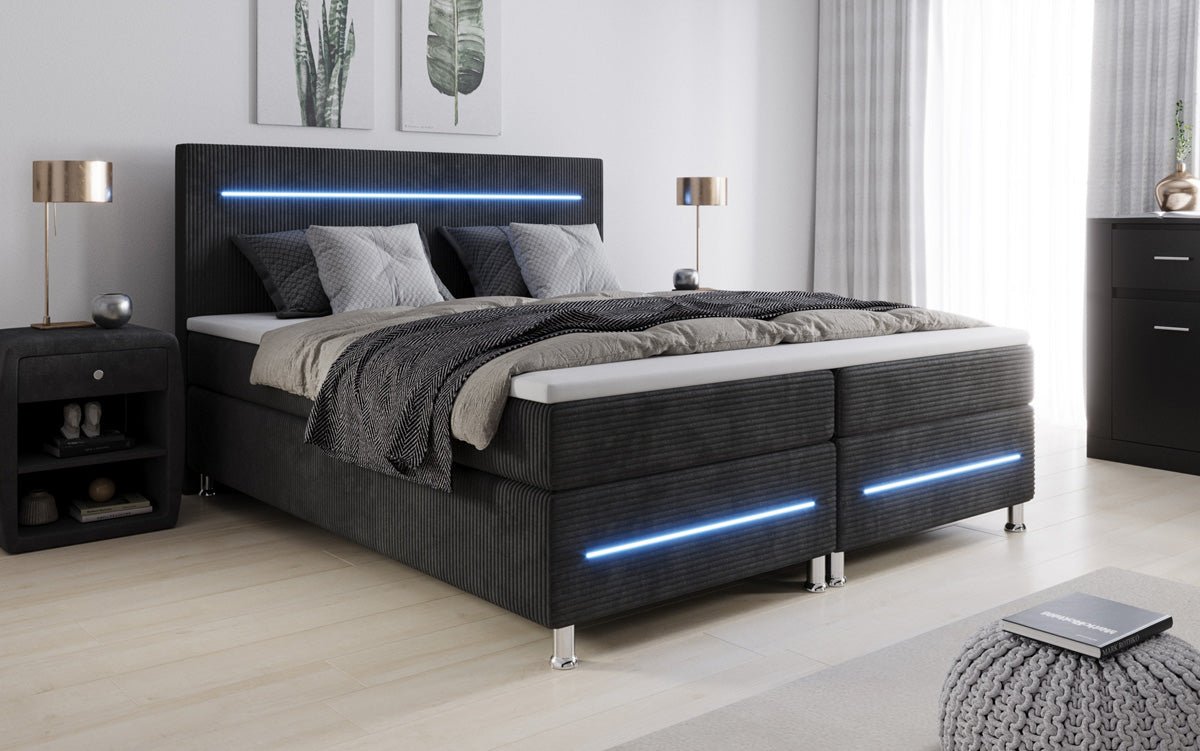 Luxuriöses Boxspringbett Sejour: Komfortable LED-Beleuchtung, Praktischer Stauraum, Stilvolles Cord