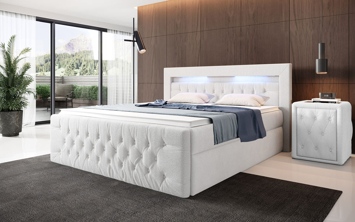 Luxuriöses Boxspringbett Menzogna Bouclé: LED-Beleuchtung & Praktischer Stauraum