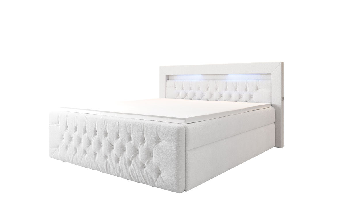 Luxuriöses Boxspringbett Menzogna Bouclé: LED-Beleuchtung & Praktischer Stauraum