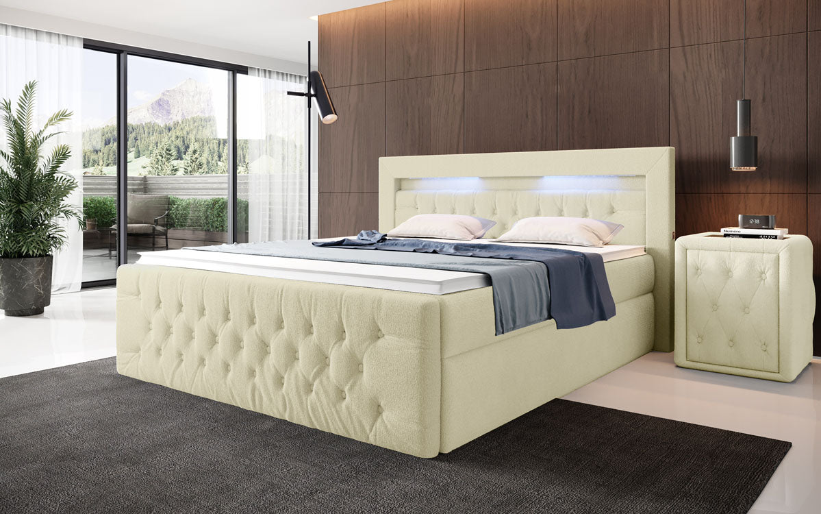 Luxuriöses Boxspringbett Menzogna Bouclé: LED-Beleuchtung & Praktischer Stauraum