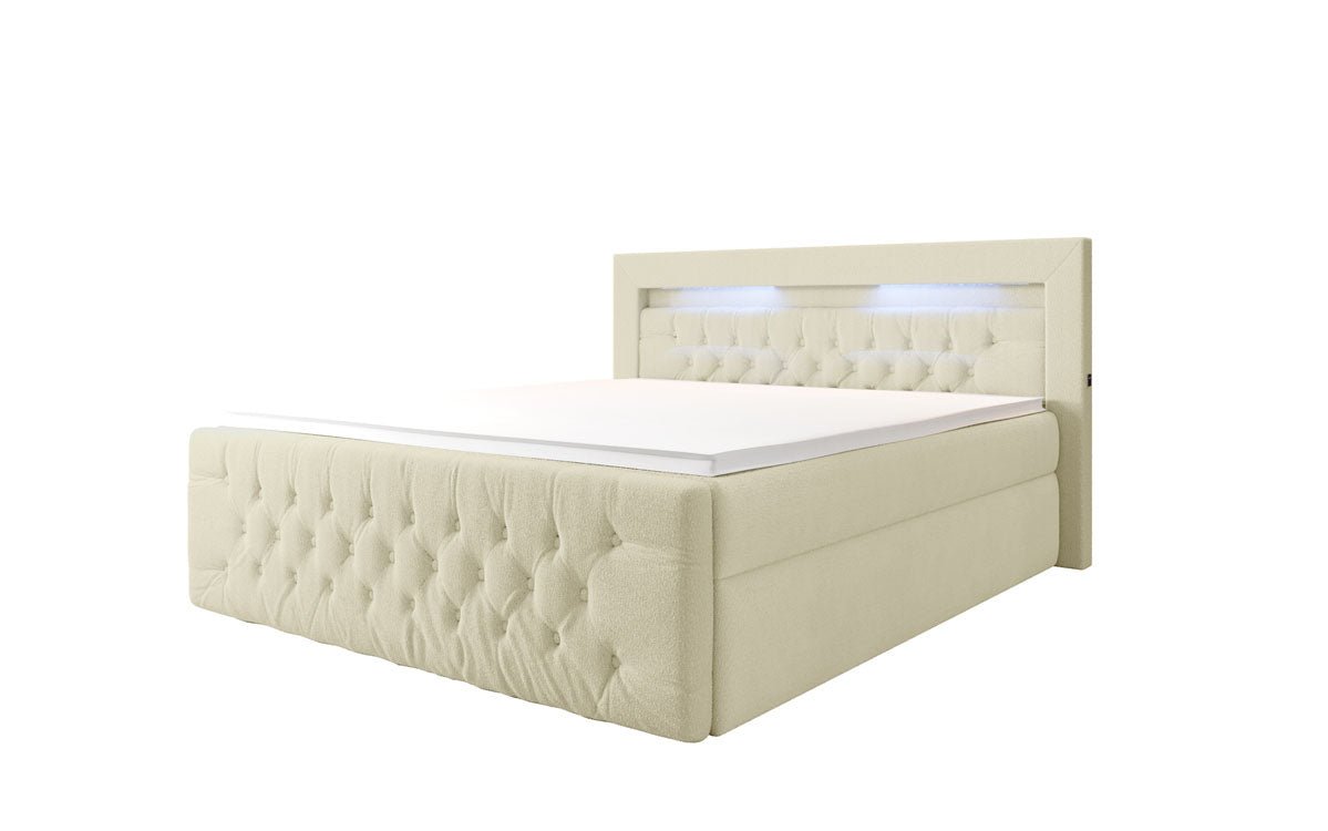 Luxuriöses Boxspringbett Menzogna Bouclé: LED-Beleuchtung & Praktischer Stauraum