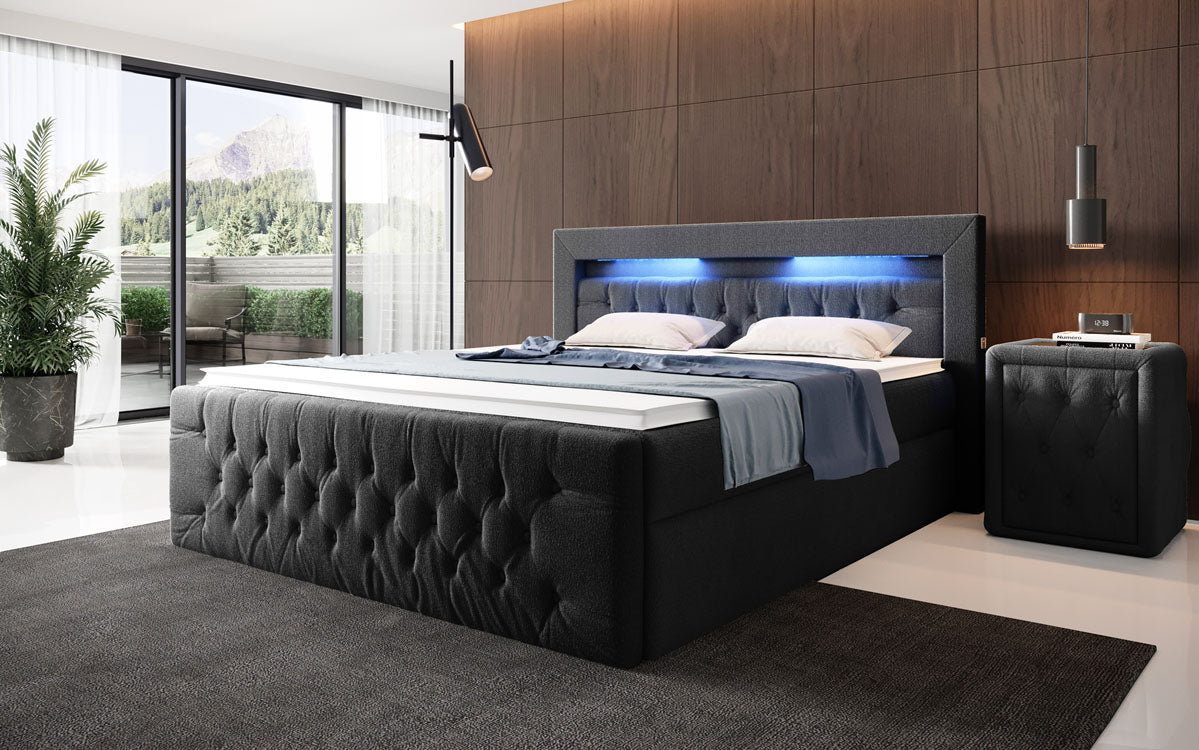 Luxuriöses Boxspringbett Menzogna Bouclé: LED-Beleuchtung & Praktischer Stauraum