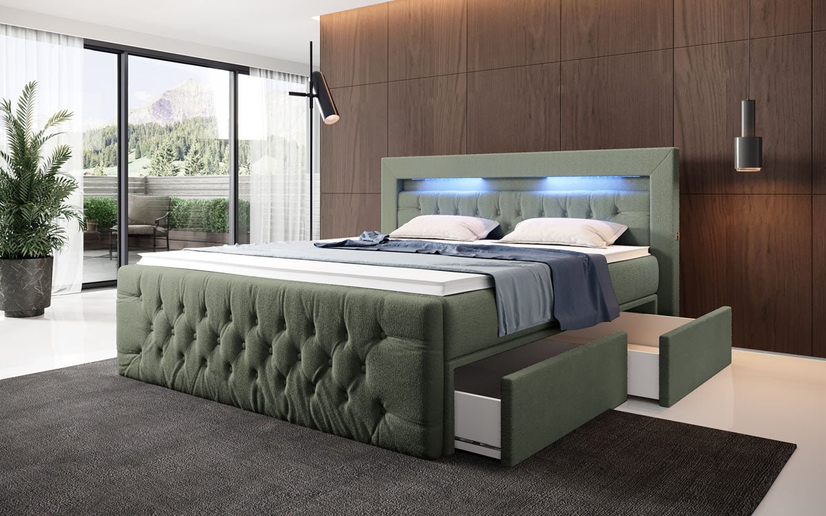 Luxuriöses Boxspringbett Menzogna Bouclé: LED-Beleuchtung & Praktischer Stauraum