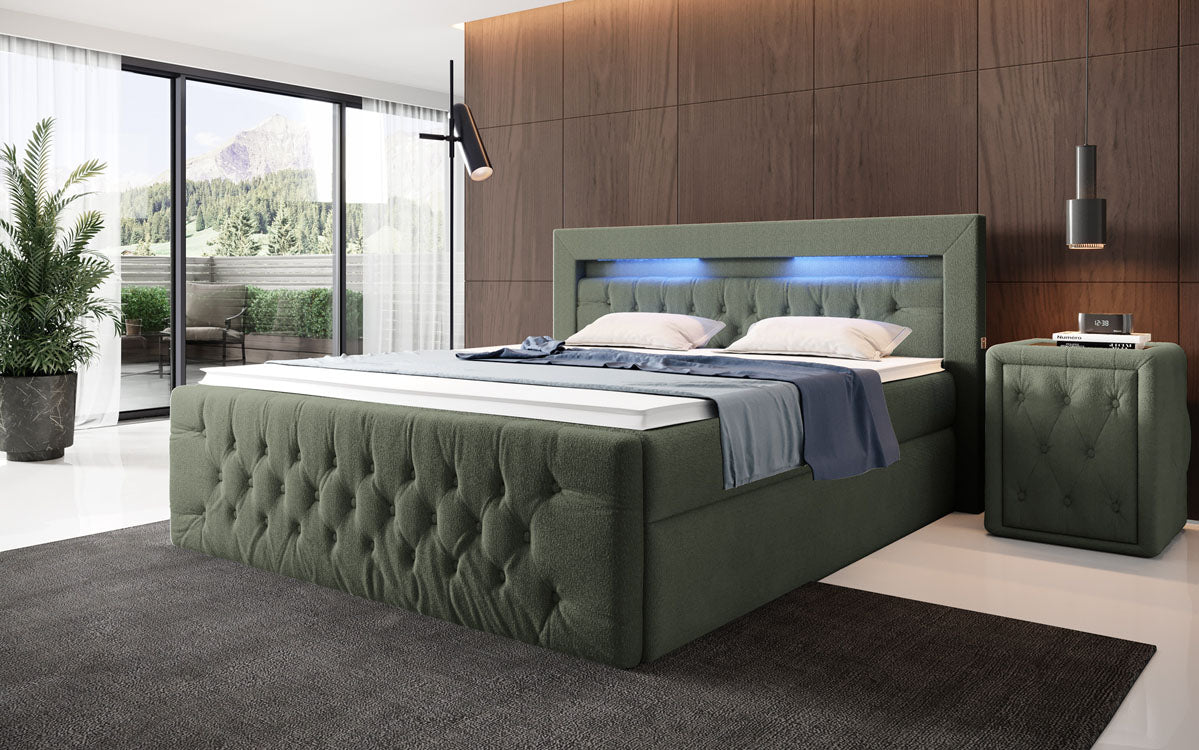 Luxuriöses Boxspringbett Menzogna Bouclé: LED-Beleuchtung & Praktischer Stauraum