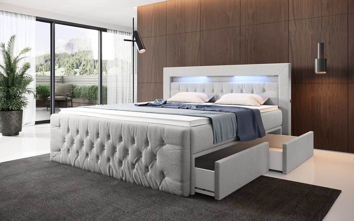 Luxuriöses Boxspringbett Menzogna Bouclé: LED-Beleuchtung & Praktischer Stauraum