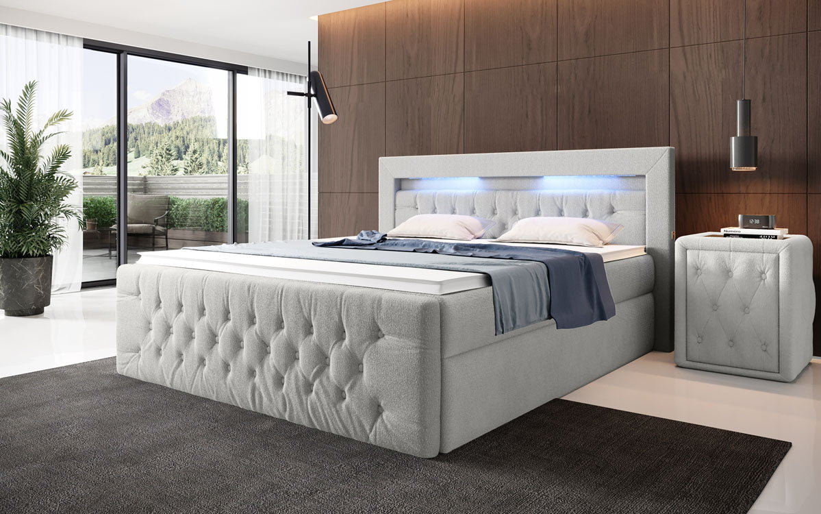 Luxuriöses Boxspringbett Menzogna Bouclé: LED-Beleuchtung & Praktischer Stauraum