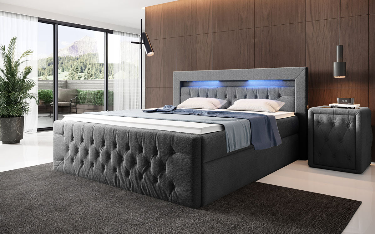Luxuriöses Boxspringbett Menzogna Bouclé: LED-Beleuchtung & Praktischer Stauraum