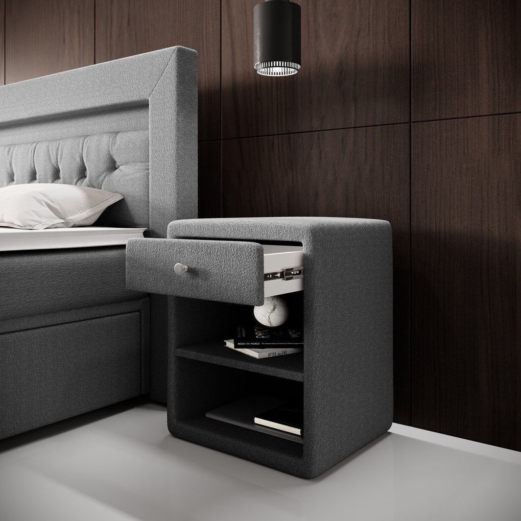 Eleganter Designer Nachttisch Amy – Samtweiches Bouclé – Stilvolles Schlafzimmer-Highlight