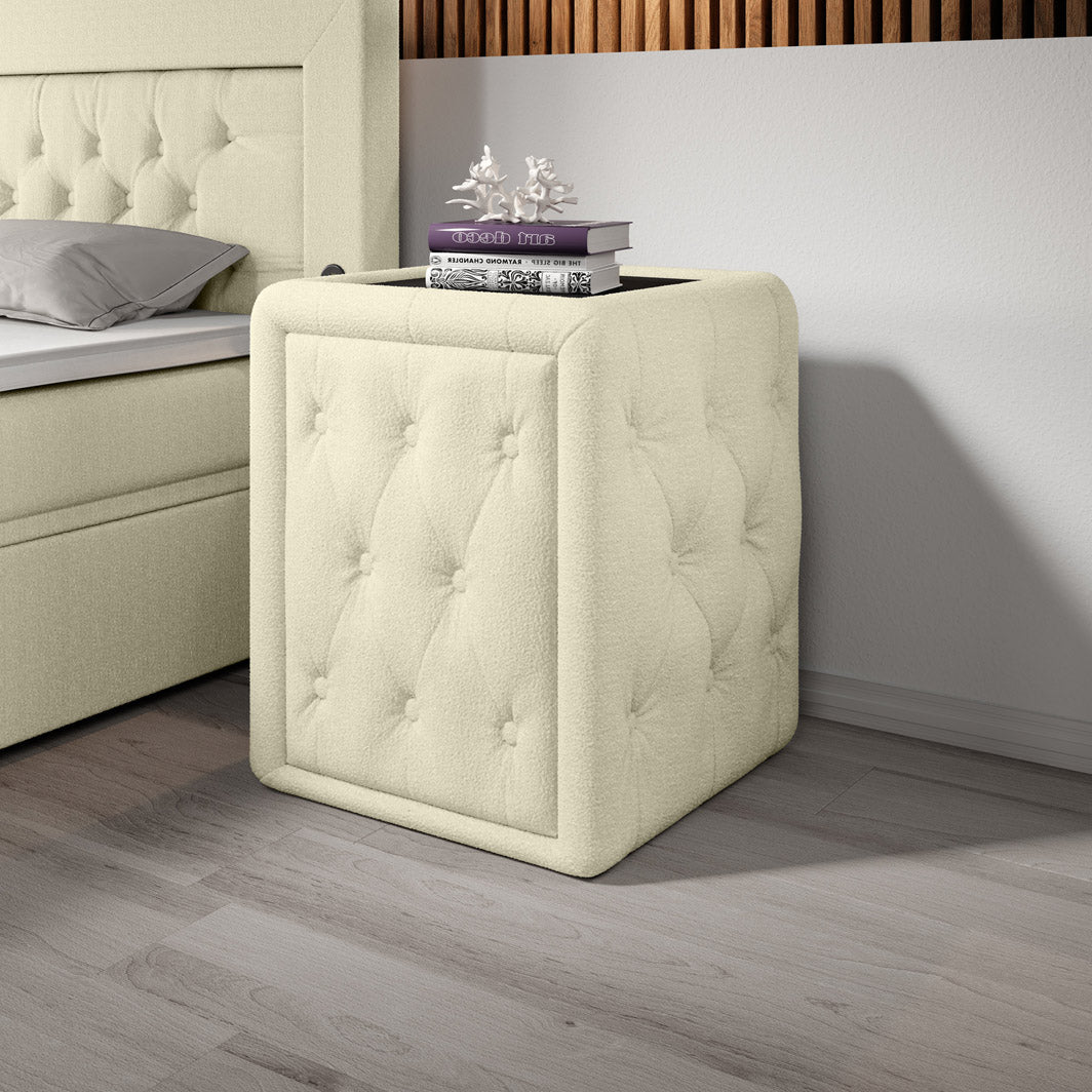 Eleganter Designer Josy Nachttisch mit Bouclé-Stoffbezug für modernes Schlafzimmer