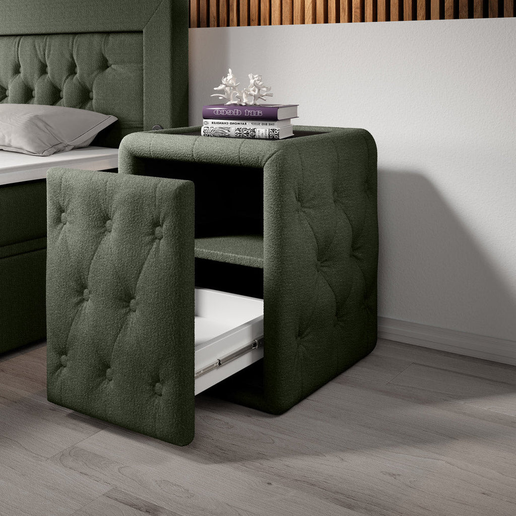 Eleganter Designer Josy Nachttisch mit Bouclé-Stoffbezug für modernes Schlafzimmer
