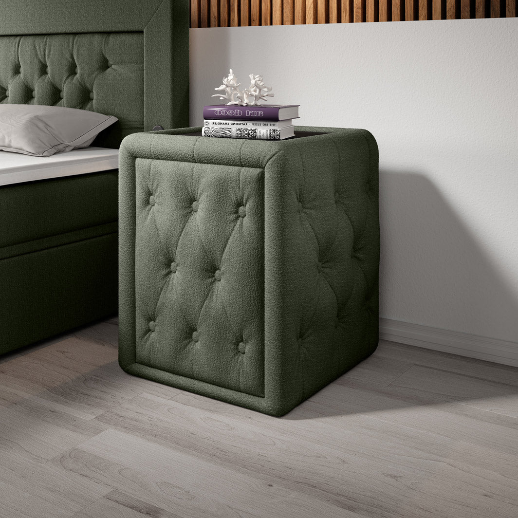 Eleganter Designer Josy Nachttisch mit Bouclé-Stoffbezug für modernes Schlafzimmer