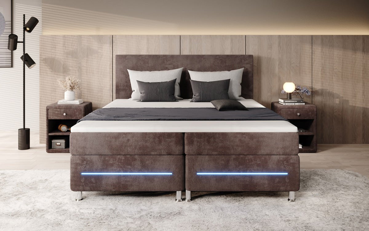 Luxuriöses Boxspringbett Simple mit LED-Beleuchtung aus Cord-Stoff – Ultimativer Schlafkomfort