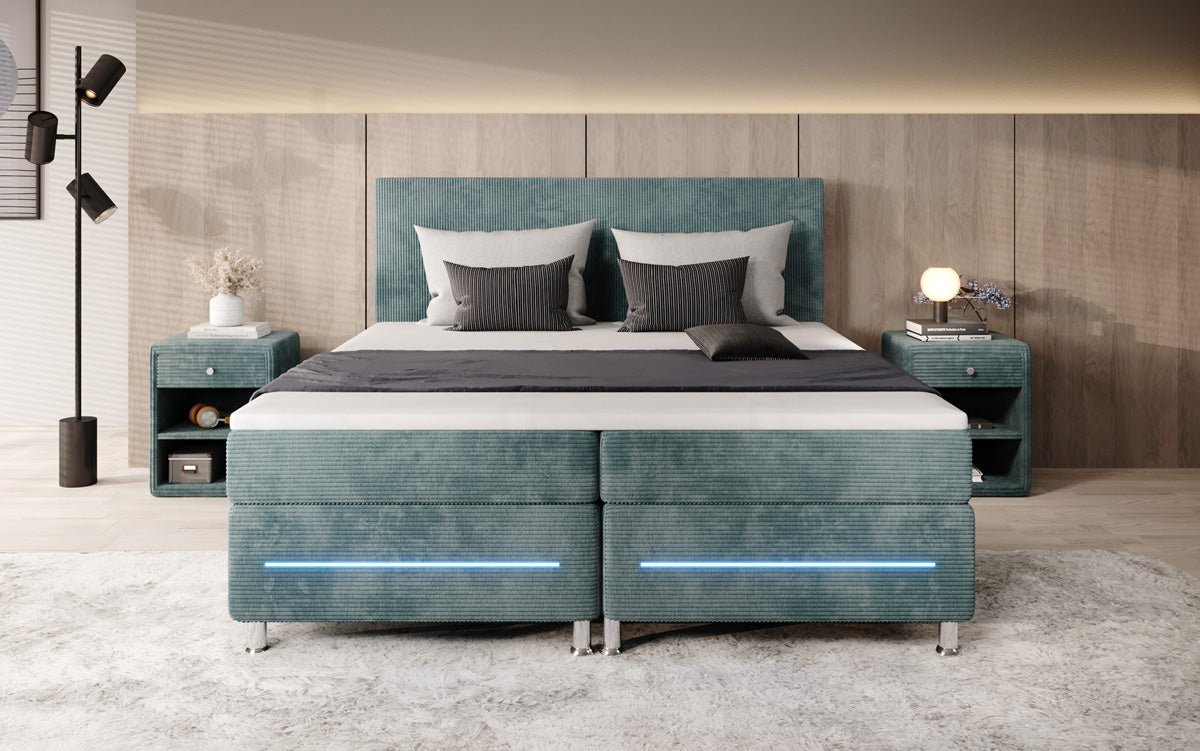 Luxuriöses Boxspringbett Simple mit LED-Beleuchtung aus Cord-Stoff – Ultimativer Schlafkomfort