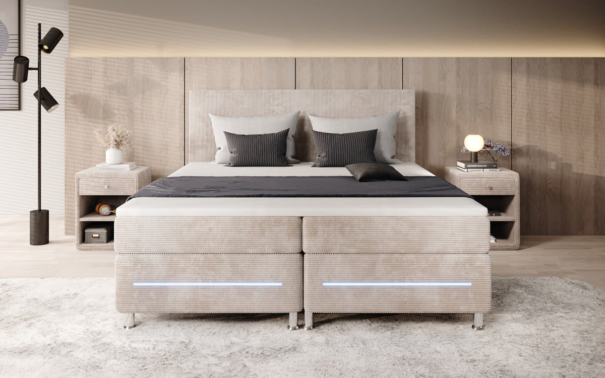 Luxuriöses Boxspringbett Simple mit LED-Beleuchtung aus Cord-Stoff – Ultimativer Schlafkomfort