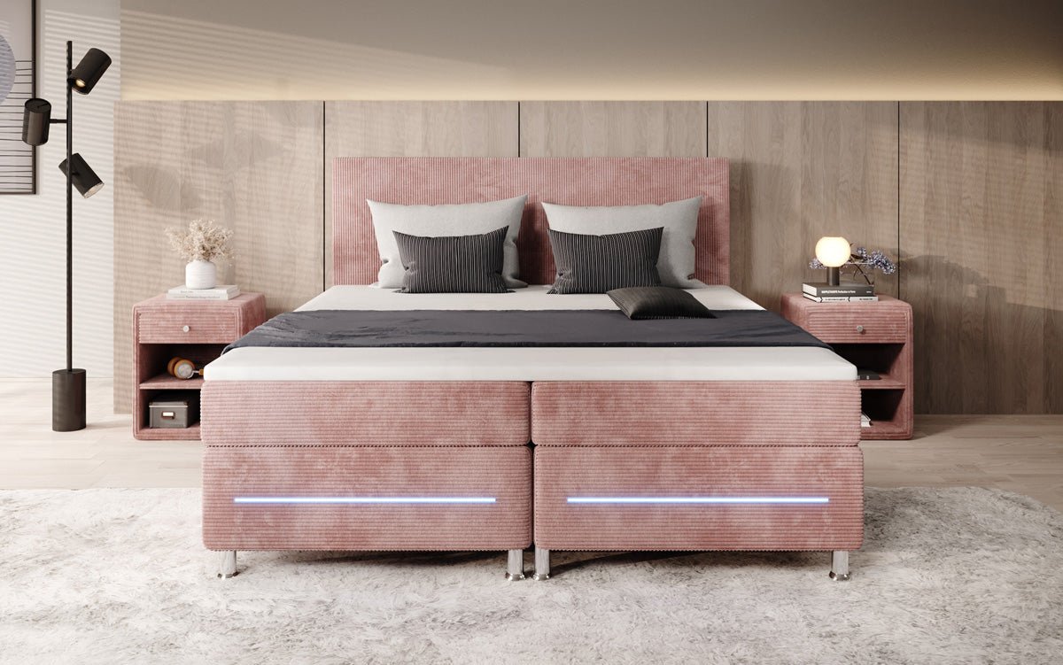 Luxuriöses Boxspringbett Simple mit LED-Beleuchtung aus Cord-Stoff – Ultimativer Schlafkomfort