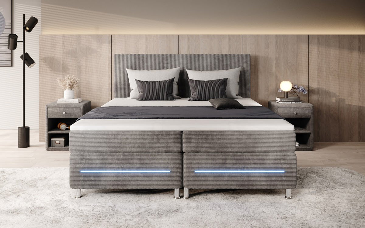 Luxuriöses Boxspringbett Simple mit LED-Beleuchtung aus Cord-Stoff – Ultimativer Schlafkomfort