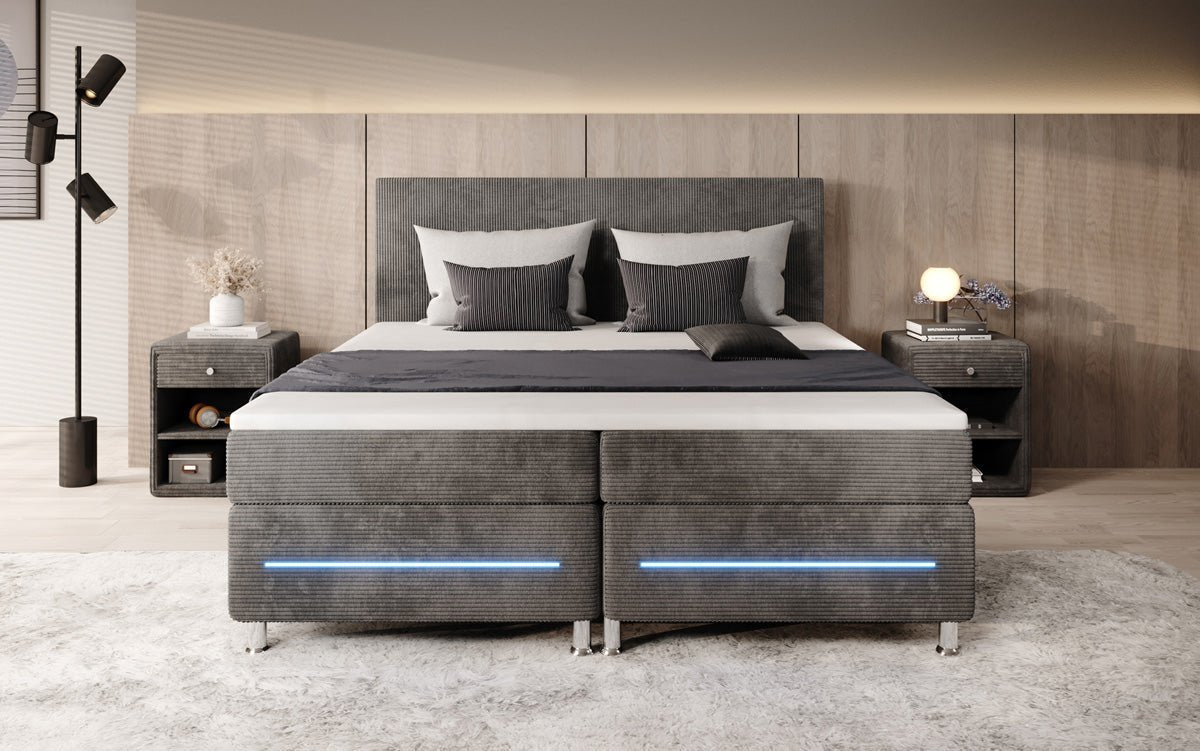 Luxuriöses Boxspringbett Simple mit LED-Beleuchtung aus Cord-Stoff – Ultimativer Schlafkomfort