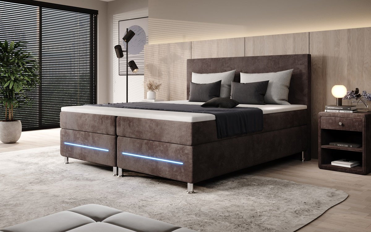 Luxuriöses Boxspringbett Simple mit LED-Beleuchtung aus Cord-Stoff – Ultimativer Schlafkomfort