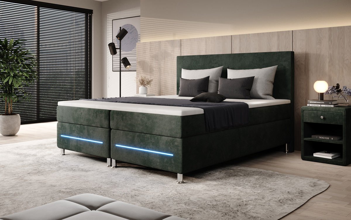 Luxuriöses Boxspringbett Simple mit LED-Beleuchtung aus Cord-Stoff – Ultimativer Schlafkomfort