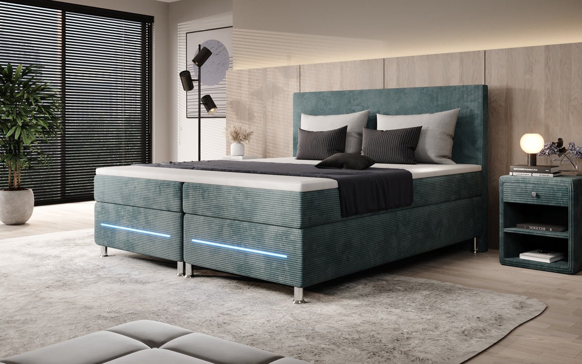 Luxuriöses Boxspringbett Simple mit LED-Beleuchtung aus Cord-Stoff – Ultimativer Schlafkomfort