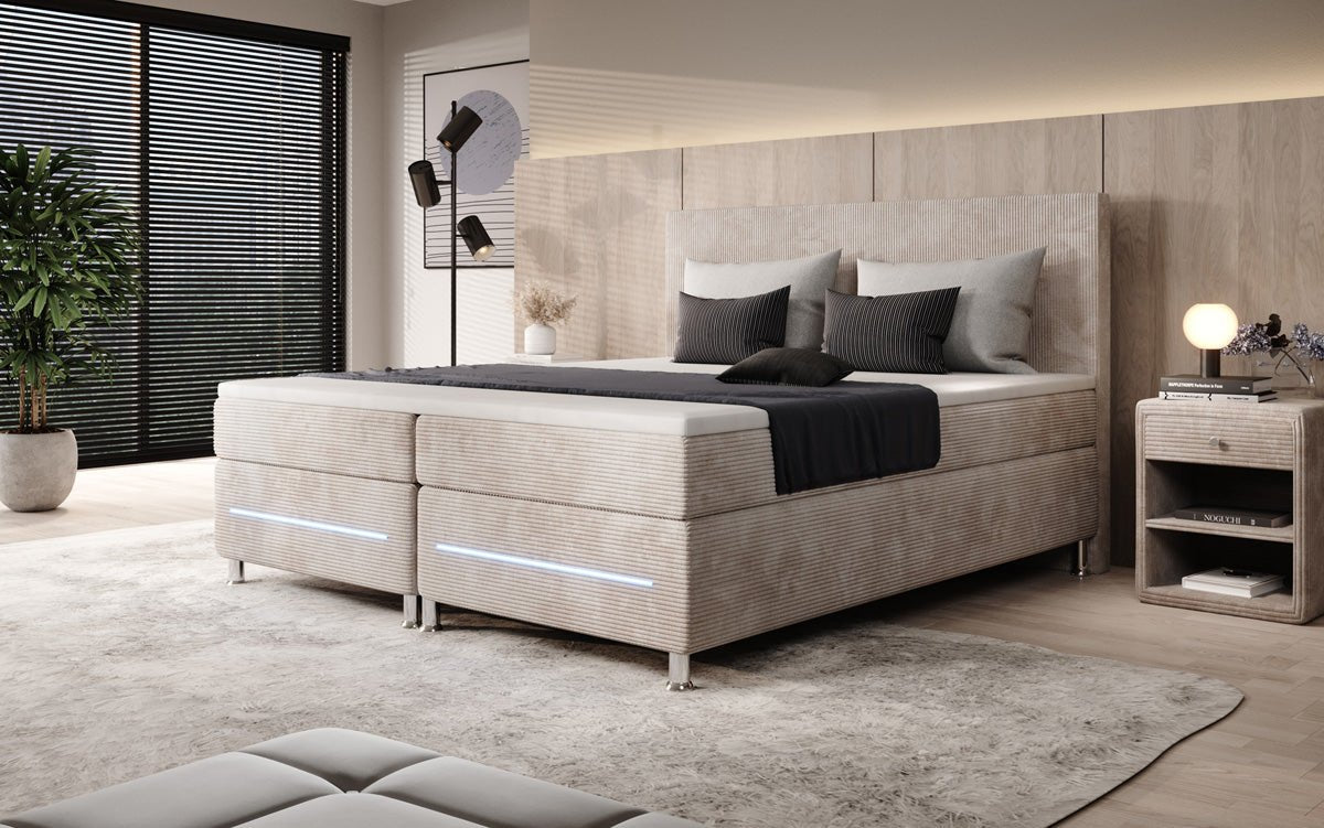 Luxuriöses Boxspringbett Simple mit LED-Beleuchtung aus Cord-Stoff – Ultimativer Schlafkomfort