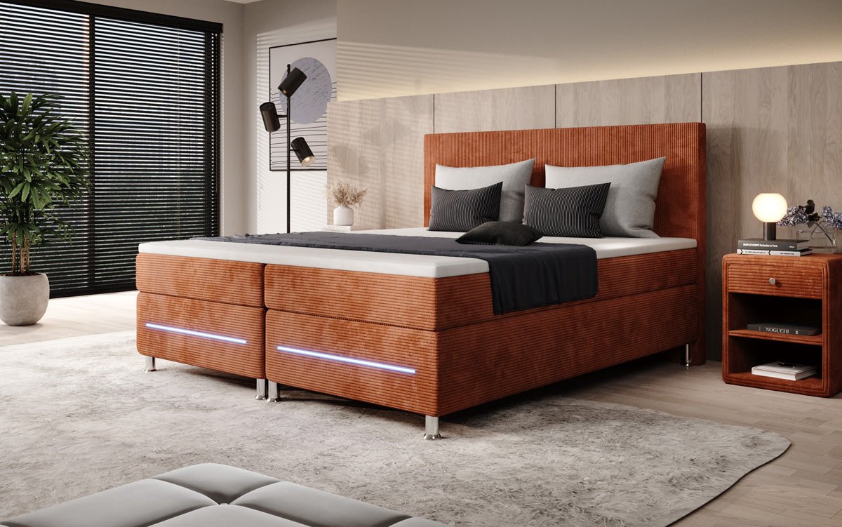 Luxuriöses Boxspringbett Simple mit LED-Beleuchtung aus Cord-Stoff – Ultimativer Schlafkomfort