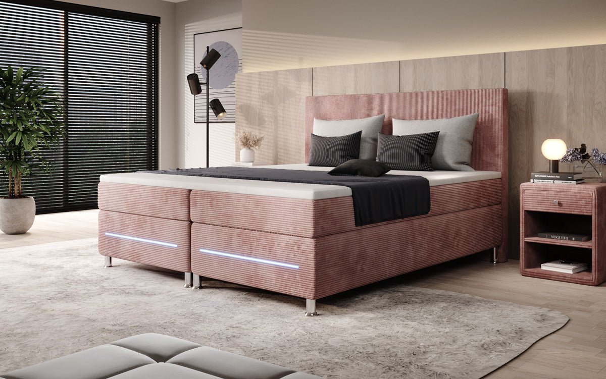 Luxuriöses Boxspringbett Simple mit LED-Beleuchtung aus Cord-Stoff – Ultimativer Schlafkomfort