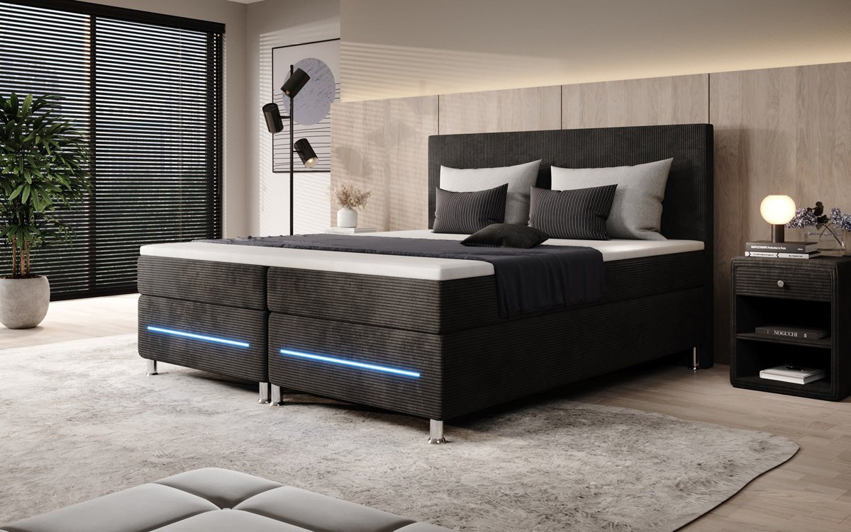 Luxuriöses Boxspringbett Simple mit LED-Beleuchtung aus Cord-Stoff – Ultimativer Schlafkomfort