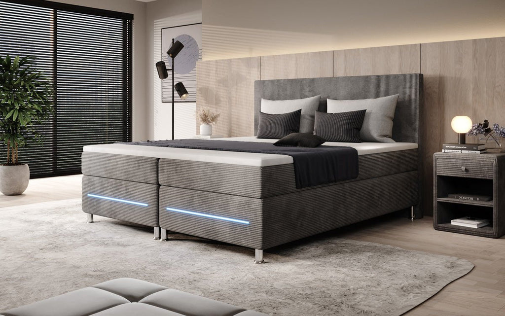 Luxuriöses Boxspringbett Simple mit LED-Beleuchtung aus Cord-Stoff – Ultimativer Schlafkomfort