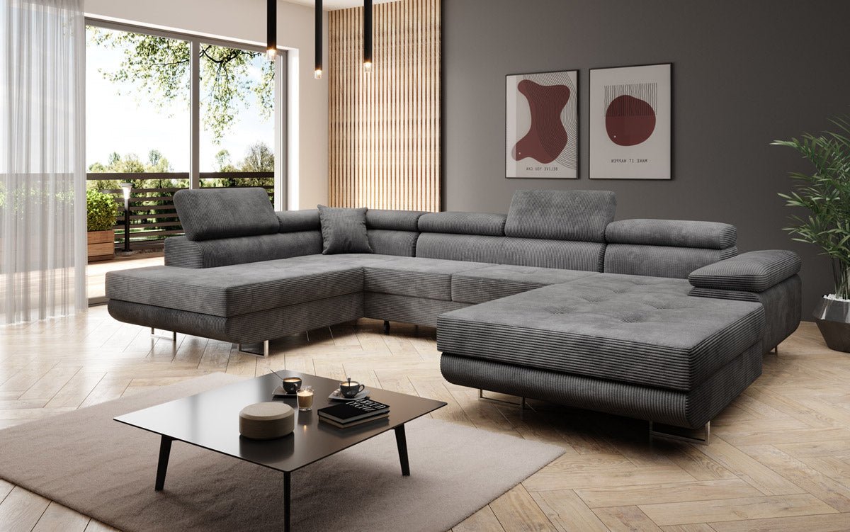 Designer Schlafsofa Lago mit Klappfunktion, Stauraum, Cord-Bezug, verstellbarem Kopfteil