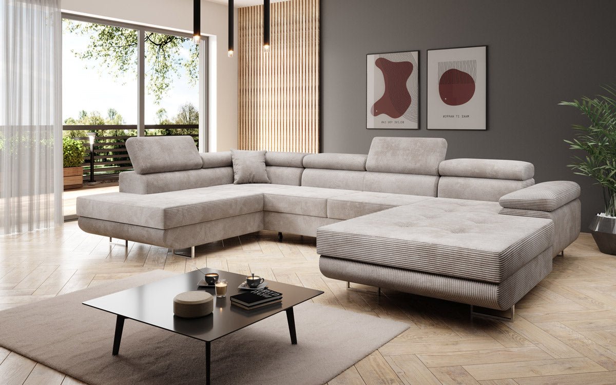 Designer Schlafsofa Lago mit Klappfunktion, Stauraum, Cord-Bezug, verstellbarem Kopfteil