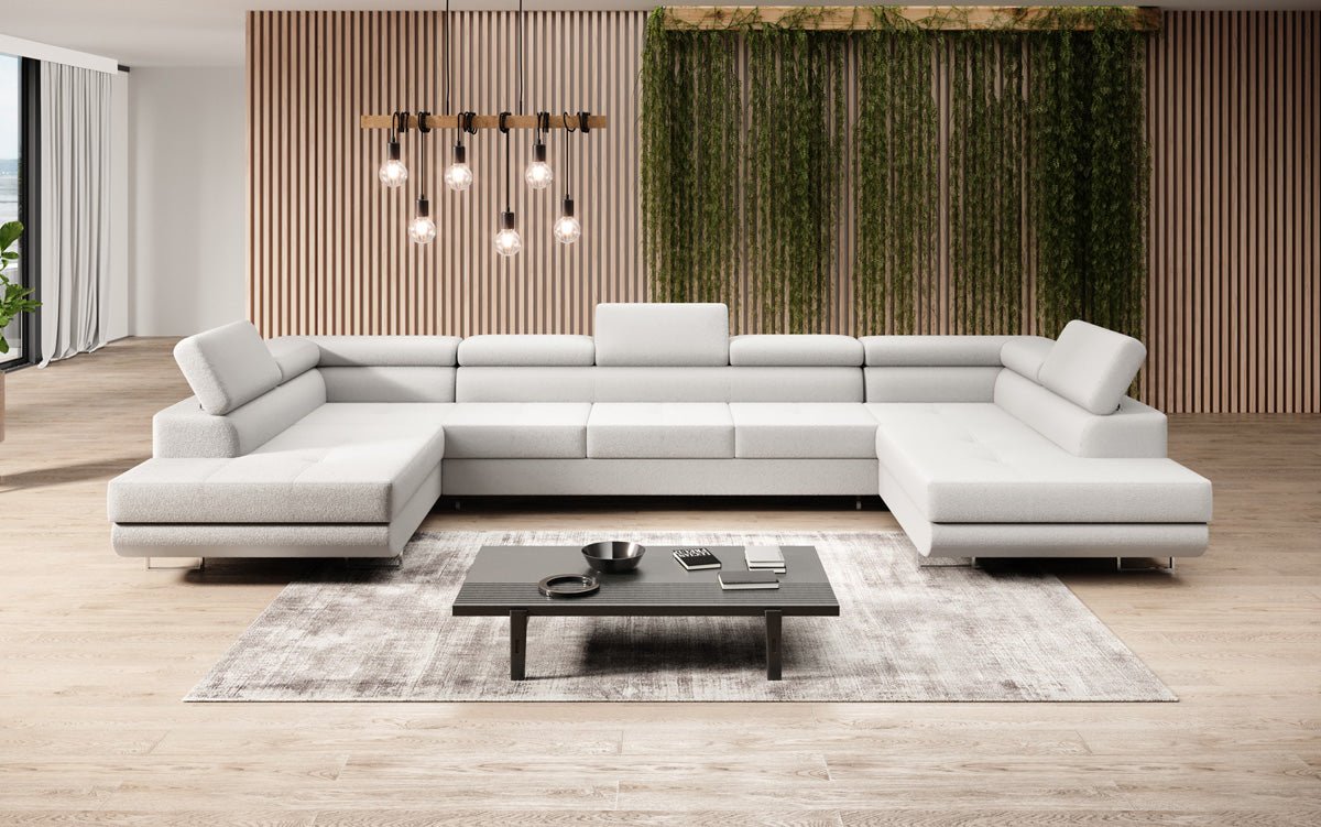 Luxuriöses Designer Sofa Taormina mit Schlaffunktion, Klappfunktion & Stauraum in Bouclé