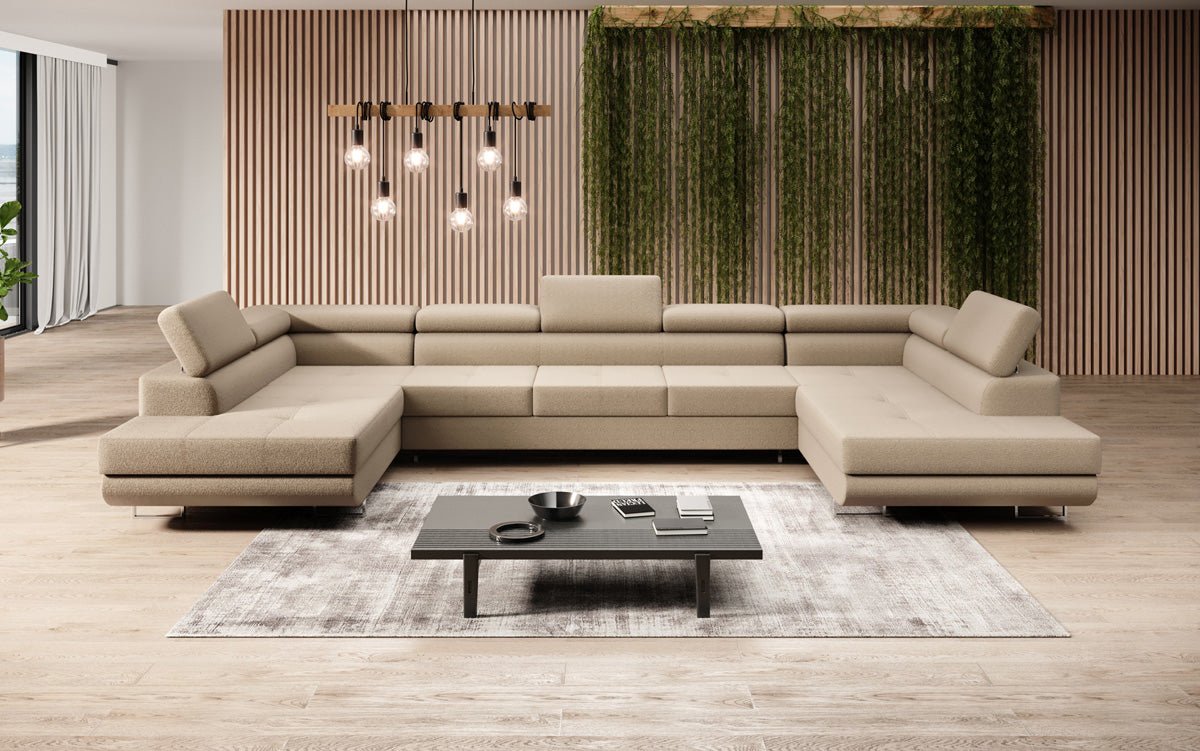 Luxuriöses Designer Sofa Taormina mit Schlaffunktion, Klappfunktion & Stauraum in Bouclé