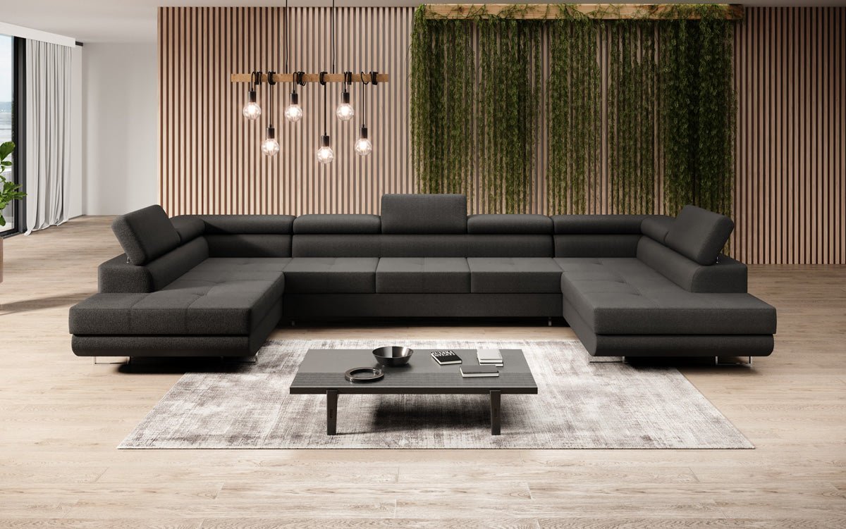 Luxuriöses Designer Sofa Taormina mit Schlaffunktion, Klappfunktion & Stauraum in Bouclé