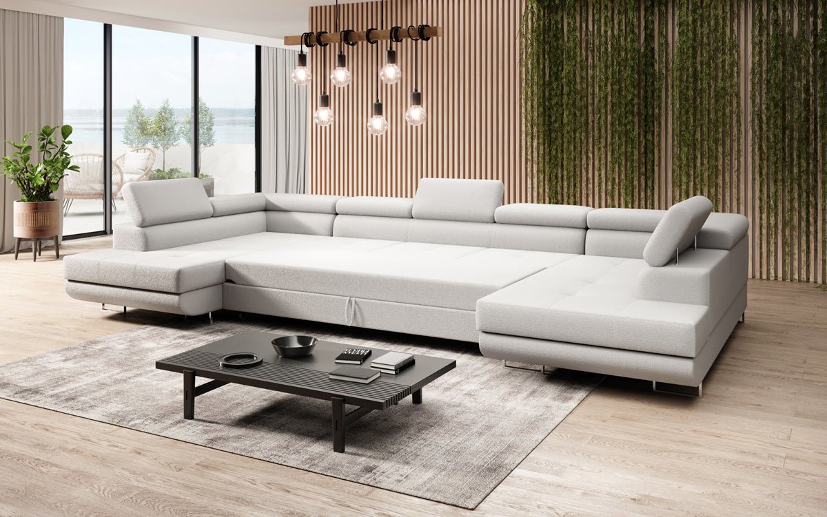 Luxuriöses Designer Sofa Taormina mit Schlaffunktion, Klappfunktion & Stauraum in Bouclé