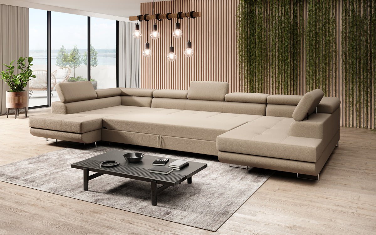 Luxuriöses Designer Sofa Taormina mit Schlaffunktion, Klappfunktion & Stauraum in Bouclé
